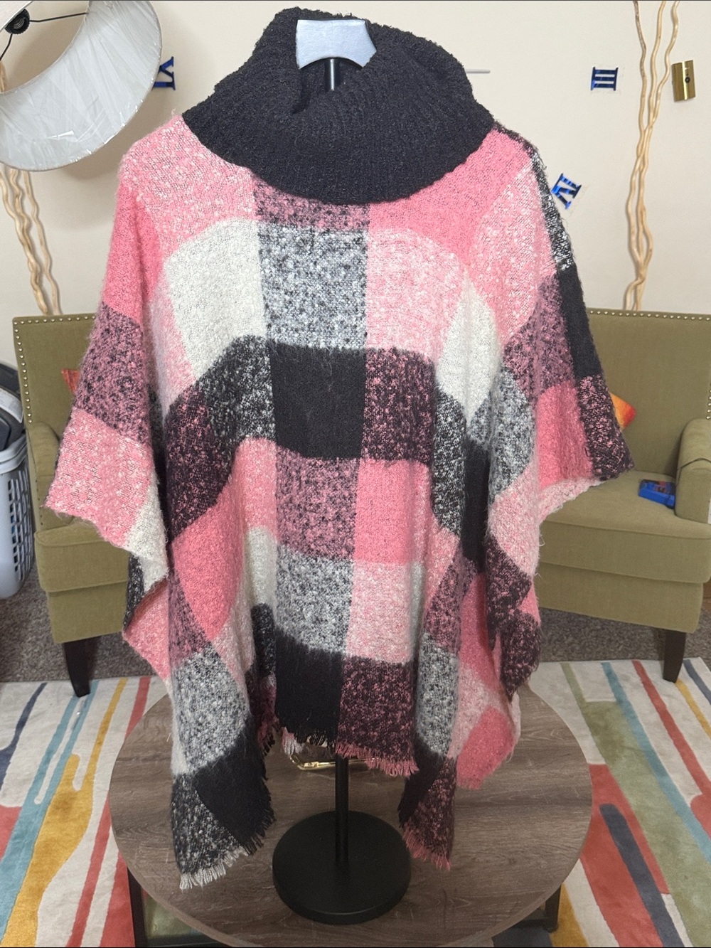 Cozy Plaid Funnel Neck Poncho Sweater - Pink & Black